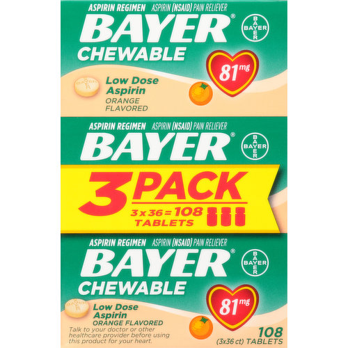 Bayer Aspirin, Low Dosage, 81 mg, Chewable Tablets, Orange Flavored, 3 Pack