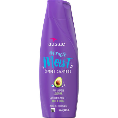 END YOUR DRY SPELL. Aussie Miracle Moist Shampoo soaks your strands in mega-hydration. Infused with avocado and jojoba seed oil, this fabulously rich shampoo transforms dry, thirsty hair with out-of-this-world hydration while leaving you with the delightfully fun scent of luscious citrus.