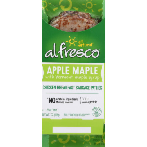 Apple maple with Vermont maple syrup. Gluten free. Good source of protein. All natural (No artificial ingredients, minimally processed). Fully cooked. Pork free. Inspected for wholesomeness by US Department of Agriculture. alfrescochicken.com.