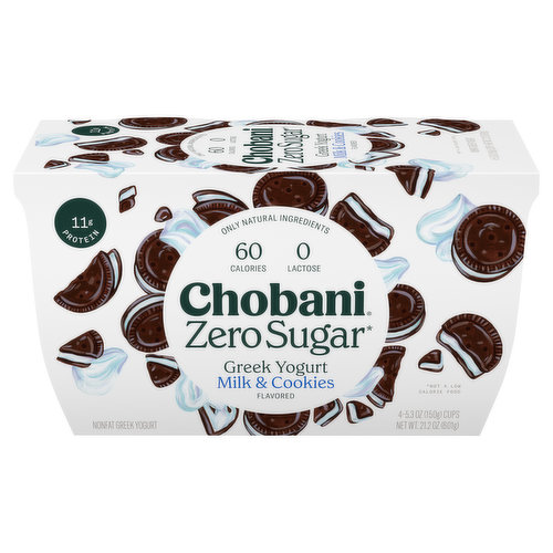 Chobani Yogurt, Greek, Nonfat, Zero Sugar, Milk & Cookies Flavored