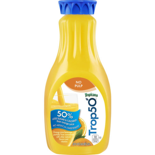 Orange juice beverage partially from concentrate with other natural flavors and vitamins. No artificial sweeteners. 50 calories per 8 fl oz serving. Per 8 fl oz Serving: Trop50: sugar 10 g; calories 50. Orange Juice: sugar 22 g, calories 110. 50% less sugar & calories than orange juice. Pasteurized. Question or comments? Call 1-800-237-7799. Please recycle.
