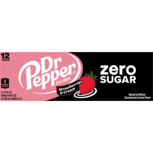 Dr Pepper Cola, Zero Sugar, Strawberries & Cream, 12 Pack - King Kullen