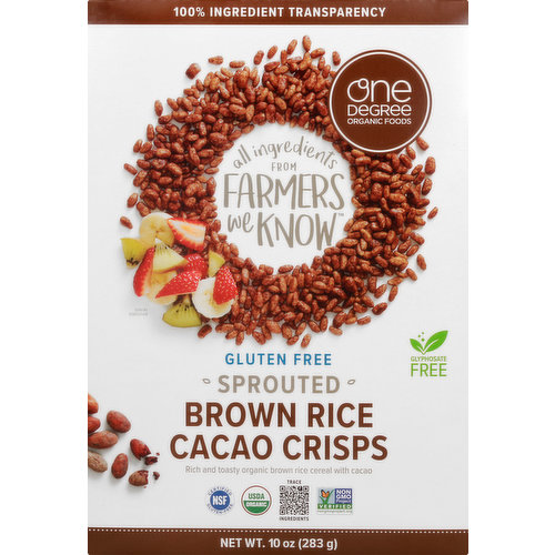 Rich and toasty organic brown rice cereal with cacao. Gluten Free. Glyphosate free. USDA Organic. Organic. Certified Organic by Quality Assurance International (QAI). 100% Whole Grain: 18 g or more per serving. 100% of the grain is whole grain. WholeGrainsCouncil.org. Certified Vegan. Vegan.org. Certified NSF Gluten Free. Non GMO Project Verified nongmoproject.org. Non GMO sprouted whole grains. 100% ingredient transparency. All ingredients from farmers we know. Nothing artificial. we believe there should never be more than one degree of separation from the farmers. Founder Stan Smith. One small family with one big idea. Our family believes in the connection between healthy soil, healthy plants, and healthy people. We're passionate about clean, nourishing foods. And we believe that you deserve 100% transparency in everything you eat. That's why we created. One Degree Organic Foods - to give you the power to meet every farmer, farm co-op and producer behind every ingredient you're eating - just like a farmers market. Sprouted whole-grain brown rice to enhance nutrition. Sweetened with organic coconut sugar. just 7 simple gluten-free ingredients. We know the farmers. We Source Only Pure Ingredients: Our family sources ingredients direct from farmers that use only plant-based cultivation methods. We then soak and sprout our grains and legumes to enhance vitamins and minerals naturally. The most nourishing, delicious foods come straight from nature, so we don't add anything artificial. Just simple, clean ingredients. BioChecked NON Glyphosate Certified. OneDegreeOrganics.com. Trace Ingredients. For our family's recipes visit: Facebook. Instagram. Youtube. Pinterest. 100% Transparency. See the ingredients. Meet the farmers. Scan the QR code or visit OneDegreeOrganics.com to enter this source code to meet your farmers & producers. Clean source code 2HZMK4. Blue spirulina smoothie bowl with sprouted Cacao crisps and fruit. Carton made from 100% recycled paperboard. Recycle me! Product of USA.