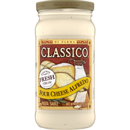 Deliver authentic Italian flavor to your family’s favorite recipes with Classico Four Cheese Alfredo Pasta Sauce. Our ready-to-use sauce is easy to prepare and offers a rich, flavorful taste. Our sauce combines fresh cream with ricotta, parmesan, romano and asiago cheese. Simply simmer and serve our creamy and cheesy sauce with your favorite pasta for a delicious meal. Use our gluten-free white sauce on your chicken alfredo, shrimp pasta or fettuccine alfredo. Be sure to refrigerate our 15-ounce jar of sauce after opening. Classico has a flavor for everyone in your family, from Four Cheese Alfredo Pasta Sauce to Spicy Tomato & Basil Pasta Sauce.