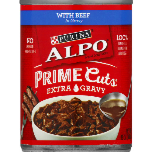 Calorie Content (calculated )(ME): 832 kcal/kg, 306 kcal/can. Alpo Prime Cuts Extra Gravy With Beef In Gravy is formulated to meet the nutritional levels established by the AAFCO Dog Food Nutrient Profiles for maintenance of adult dogs. 100% complete & balanced for adult dogs. No artificial preservatives. Brand dog food. Extra gravy.  purina.com. www.alpo.com. how2recycle.com. Visit www.alpo.com. Crafted in USA facilities.