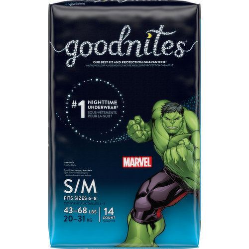 GoodNites Underwear, Nighttime, Marvel, S/M (43-68 lbs), Boys