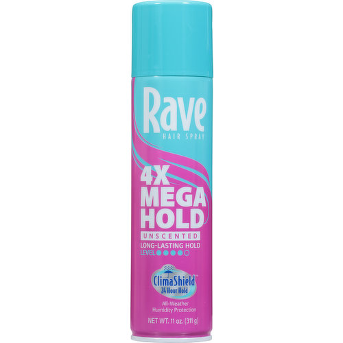 Long-lasting hold. Level 4. Climashield 24 hour hold. All-weather humidity protection. Rave 4X mega hold is created with Climashield technology for maximum performance in high humidity (Up to 90% relative humidity) weather. This unique formula delivers maximum durable hold for both curly and straight hair minimizes static, and maintains your style no matter what mother nature throws at you. Rain or shine, Rave with Climashield locks out frizz and locks in style. Formulated with Vitamin E and C. Fast-drying without being stiff or sticky. Free of: Paraben, Phthalate, Sulfate. Not tested on animals.