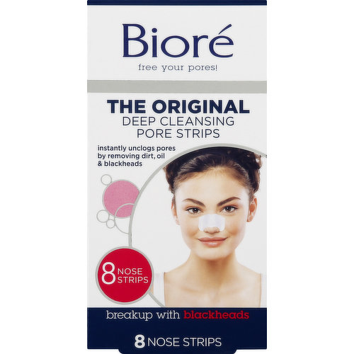 Deep cleansing pore strips. Instantly unclogs pores by removing dirt, oil & blackheads. Free your pores! Breakup with blackheads. Let's Face It: Squeezing blackheads is bad for your skin. Why make the problem worse, especially when it's so easy to pull off your deepest clean? What It Does: With proprietary Japanese technology, Biore deep cleansing pore strips work like a magnet, instantly locking onto and lifting out deep-down dirt, oil and blackheads, so you get the deepest clean. It may be disgusting. But it's also oddly satisfying. And, in just 10 minutes it cleans weeks' worth of dirt buildup. When used weekly, you will have fewer clogged pores and the appearance of pores will actually diminish. Dermatologist tested. Hypoallergenic. Oil free. biore.com. how2recycle.info. (at)bioreus. Instagram. Facebook. Question? 1-88-Biore-11; biore.com. Problem Pores Are No More with Biore Skin Care Products: Deep Pore Charcoal Cleanser. Pore Unclogging Scrub. Sustainable Forestry Initiative: Certified sourcing. www.sfiprogram.org. Made in Japan.