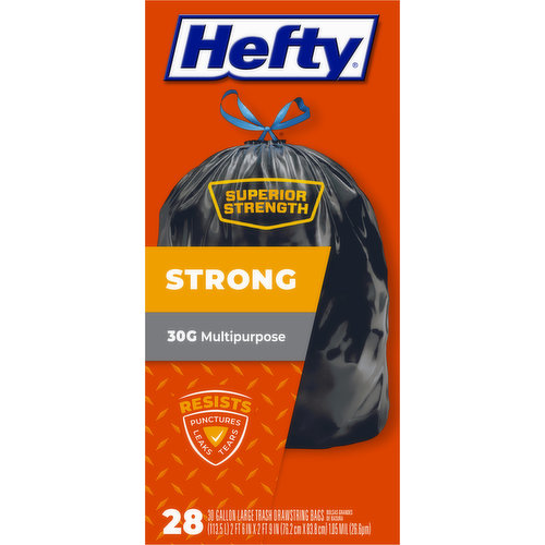 Hefty Trash Bags, Multipurpose, Drawstring, Large, 30 Gallon