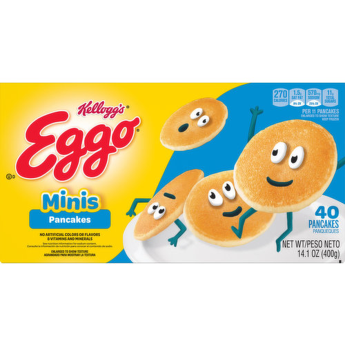 Per 11 Pancakes: 270 calories; 1.5 g sat fat (8% DV); 570 mg sodium (25% DV); 11 g total sugars. No artificial colors or flavors. 8 vitamins and minerals. See nutrition information for sodium content. How to Eggo (It's super easy). A tasty start with endless possibilities. L'eggo my Eggo. Classic. On the go. Savory. Kellogg's Family Rewards: Collect points. Earn rewards. Two easy ways to collect points! Go to KFR.com to learn more. Questions or comments? Visit kelloggs.com; call 1-800-962-1413. Provide production code on package. Facebook.com/eggo. Certified 100% recycled paperboard. how2recycle.info.