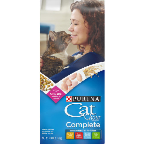 (calculated)(ME): 3801 kcal/kg, 405 kcal/cup. Purina Cat Chow Complete is formulated to meet the nutritional levels established by the AAFCO Cat Food Nutrient Profiles for all life stages. Provides all 25 essential vitamins & minerals. 100% complete & balanced for all life stages. Cornerstones of Nutrition: High-quality protein for strong muscles. Always made with real chicken. Essential fatty acids for a shiny coat. Healthy carbs for vital energy. Weight circle Purina Cat chow brand cat food. Complete 6.3 lb. How do you find a perfect balance for your cat? The chow is how. Healthy carbs for vital energy. Essential fatty acids for a shiny coat. Always made with real chicken and a taste cats love. Trusted nutrition. Checked for quality and safety. The Purina Promise Pets are our passion. Safety is our promise. Progress is our pledge. Follow us at Purina.com purina.com. how2recycle.info. myperks.catchow.com. Twitter. Facebook. Every ingredient has a purpose. PurinaCatChow.com/Ingredients. We're listening. Visit us online at Purina.com or call 1-888-CATCHOW (1-888-228-2469) Reward Both of You: Sign up for My Purina Cat Chow Perks and earn points towards great rewards like coupons and swag. My Perks: myperks.catchow.com. Proven Recipes: Each Cat Chow formula is thoughtfully designed to deliver complete nutrition and a flavor cats love. Find the right one for your cat. Crafted in Purina-owned facilities in the USA. Printed in USA. Crafted in USA facilities.