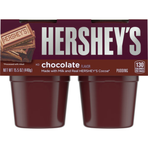 Hershey's Chocolate Pudding Cups are convenient, ready-to-eat snacks perfect for satisfying your afternoon sweet tooth or as a sweet treat in a school lunch. Delicious and sweet, this milk chocolate pudding delivers a great taste that embodies Hershey's cocoa and milk. Relax and enjoy this decadently delicious chocolate dessert whenever a craving strikes. Packaged in a 15.5 ounce sleeve of four individual serving pudding cups for portability, this ready-to-eat pudding is a perfect on-the-go treat or sweet snack that everybody will enjoy. Add a little whipped cream topping for an extra indulgent treat. Refrigerate these chocolate pudding cups.