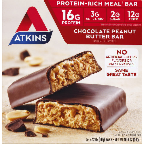 Protein-rich meal (meal replacement bar) bar. Naturally flavored. 16 g protein. 2 g sugar. 12 g fiber. See nutritional information for total and sat fat content. No artificial colors, flavors or preservatives. Same great taste. No maltitol. What is the hidden sugar effect? It's common knowledge that consuming foods that contain large amounts of sugar may cause your blood sugar to spike. But did you know other types of carbohydrates may have the same effect on blood sugar? At Atkins, we call this the hidden sugar effect. For example - a medium sized bagel has the same impact on blood sugar as 8 teaspoons of sugar (Based on glycemic load. Amounts do not represent sugar content). An Atkins Chocolate Peanut Butter Bar has the same impact as 1.5 teaspoons of sugar (Based on glycemic load. Amounts do not represent sugar content). Find out more about the hidden sugar effect at atkins.com. Atkins has all your weight loss needs covered with products for every occasion! Meal (meal replacement bar): Packed with protein and fiber to keep you satisfied. Snack: The perfect amount of protein and fiber for a between meal snack. Treat: Indulgent dessert without all the added sugar for a perfect after meal treat. FSC: Mix - Board from responsible sources. www.fsc.org. Carton made with wind energy. Recyclable: Paperboard packaging. 3 g net carbs (Counting net carbs? Glycerin is naturally sourced from vegetables and gives our bars a soft texture. Glycerin and fiber should be subtracted from the total carbs since they minimally impact blood sugar. Total carbs [23 g] - fiber [12 g] - glycerin [8 g] = 3 g Atkins net carbs). Product of Canada.