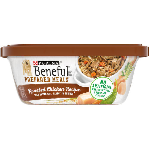 Calorie Content (calculated)(ME): 967 kcal/kg, 274 kcal/tub. Beneful Prepared Meals Roasted Chicken Recipe is formulated to meet the nutritional levels established by the AAFCO Dog Food Nutrient Profiles for maintenance of adult dogs.
