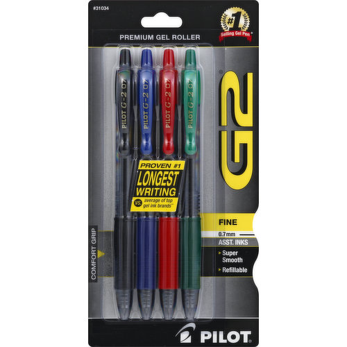 G27C4001 Premium gel roller. No. 1 selling gel pen (Source: No. 1 selling gel pen, NPD. Data on file). Proven no. 1 longest writing vs. average of top gel ink brands. Comfort grip. Super smooth. Refillable. America's go-2 gel ink pen. Super Smooth Writing: Featuring pilot's unique gel ink formula. Longest Writing Gel Ink Pen (Independent ISO Testing: Average of G2 write out (all point sizes) compared to the average of the top branded gel ink pens tested (all point sizes). Data on file): Writes longer providing exceptional value. Comfortable Rubber Grip: Contoured design fits your hand. Refillable for Continued Use: Use the G2 refill.   www.pilotpen.us. Available in four point sizes with assorted ink colors. Ultra fine point (0.38 mm). Extra fine point  (0.5 mm). Fine point (0.7 mm). Bold point (1.0 mm). Made in Japan.