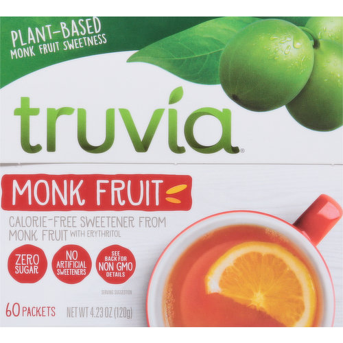 Sweetness is meant to be enjoyed. That's why Truvia created products meant to reduce sugar, not taste. The clean, sweet flavor contained in Truvia Calorie-Free Monk Fruit Sweetener comes from nature in the form of the monk fruit. Monk Fruit doesnt dissolve well in beverages or baked goods, so we extract the sweetness from the monk fruit. Because monk fruit extract is 200x sweeter than sugar, we balance the sweetness with erythritol, a sweetener produced by fermentation. Erythritol is also found in fruits like grapes and pears. This gives you the sweet white crystals you love, without the sugar calorie. This 60-count box is just the right size to fit on your counter or in your pantry.