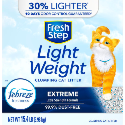 30% lighter (Versus standard clumping litter). Extra strength formula. 99.9% dust-free. 15.4 lbs. Fresh Step light weight extreme = 22 lbs. (Fresh Step extreme scoopable litter). Clumps tight with Fresh Step ClumpLock technology: Locks in liquid and odor on contact to form tight clumps and make scooping easy. Destroys extreme odors with the power of Febreze: Helps eliminate the strongest litter box odors with our tough odor-fighting formula, and leaves behind a mountain spring scent. 99.9% Dust-Free: For cleaner surfaces, Fresh Step extreme is 99.9% dust-free. Pet Friendly: Created by the makers of Fresh Step with your cat's health and happiness in mind. Sold by weight, not by volume. Contents may settle during shipping. Upload your receipt now to earn points! Plus, get points for cat food, treats and other eligible purchases. www.PawPointsRewards.com. Paw Points: Rewards. Earn pawsome rewards! Now with more ways to earn points. Eligible purchases now include cat litter, cat food, treats and more (Terms and conditions apply. Visit PawPointsRewards.com for details). Easily sign up at PawPointsRewards.com. Upload your purchase receipt: No codes required. Start racking up Paw points: Redeem for rewards.