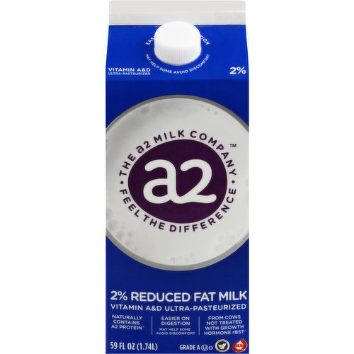 Ultra-pasteurized. The A2 Milk Company. Feel the difference. Naturally contains A2 protein (The A2 Milk difference. A2 Milk comes from cows that naturally produce only the natural A2 protein and no A1. Published research suggests a2 Milk may help avoid stomach discomfort in some people). Easier on digestion. May help some avoid discomfort. From cows not treated with growth hormone rBST (No significant difference has been shown between milk from rBST-treated and non rBST-treated cows). Real. 100% real milk. We love our cows! Our cows are not treated with growth hormone rBST (No significant difference has been shown between milk from rBST-treated and non rBST-treated cows). Our farms are Validus certified for animal welfare. True a2 pledge. Animal welfare review. ValidusCertified.com. Please recycle. recyclecartons.com.