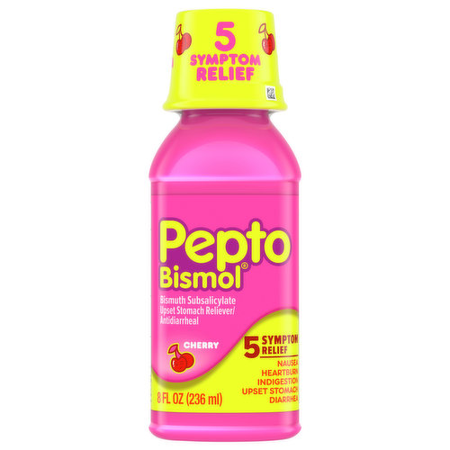 Pepto Bismol Upset Stomach Reliever/Antidiarrheal, 5 Symptom Relief, Cherry