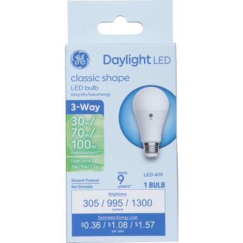 GE Light Bulb, LED, Soft White, Classic Shape, 3-Way