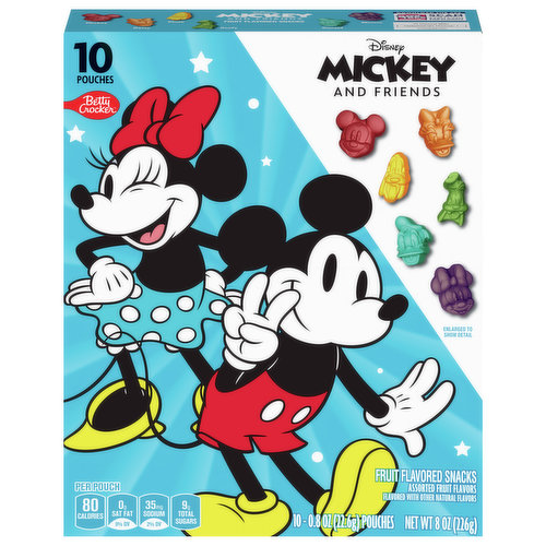 Mickey & Friends Fruit Flavored Snacks feature tasty treats shaped like your favorite Mickey & Friends characters for maximum fun. Packaged for on-the-go convenience and portability, these fruit flavored snacks are a treat the whole family can enjoy. These packaged snack bags are the perfect treat to include in a packed school lunch box or keep on hand for a moments notice. You've finally found the perfect after-school snack that's a win for you and your kids. Mickey & Friends Fruit Flavored Snacks are the perfect addition to your pantry and grocery routine and a snack every member of the family will love. These tasty treats are made without gluten or gelatin. Contains 10 fruit flavored snack pouches in total.