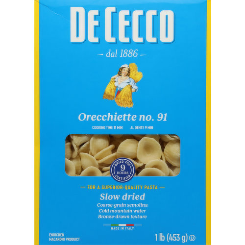 Cooking time 11 min. Al dente 9 min. For a superior quality pasta. Coarse-grain semolina. Cold mountain water. Bronze drawn texture. From Father to Son: The De Cecco family started milling in 1831 at Fara San Martino: a real vocation which in 1886 evolved into an authentic art of pasta-making. A long history of passion that combines only the best wheat and the unique know-how of ancient pasta-making traditions to produce a Superior Quality Pasta. Metodo de Cecco: 1. Slow Drying: It was 1889, as recorded in the Treccani Encyclopaedia, when Filippo Giovanni De Cecco invented the first low-temperature slow-drying system. We still use the same method today to best preserve the natural flavor and aroma of wheat and the natural color of our semolina for a superior quality pasta. 2. The Best Durum Wheats: We select the best durum wheats from Italy and the rest of the world in terms of gluten quality, healthiness, protein content and organoleptic characteristics, in order to constantly guarantee, despite the variability of the crops an al dente pasta with an intense taste to savor. 3. Coarse-Grain Semolina: We use only coarse-grain semolina in order to preserve the integrity of the gluten and obtain a pasta which is always al dente. 4. Cold Majella Mountain Water: We make our dough solely with cold water from the Majella mountains, at a temperature of less than 59 degrees F ensuring perfect firmness when cooked. 5. Coarse Texture: We craft our pasta with coarse drawplates to guarantee the ideal porosity to best capture the sauce. The quality of our pasta is certified. Disclaimer: Product sold by weight not by volume. EPD: Environmental Product Declaration registration number: S-P-00282.