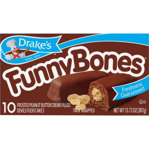 Drake's Devils Food Cakes, Frosted Peanut Butter Creme Filled, Funny Bones