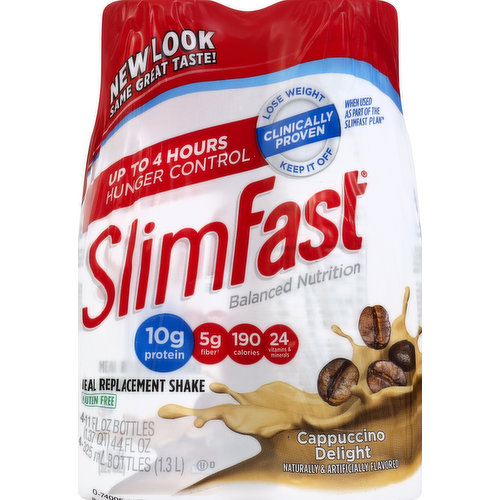 New look. Same great taste! Up to 4 hours hunger control. Clinically proven, lose weight, keep it off. When used as part of the SlimFast plan. Balanced nutrition. 10 g protein; 5 g fiber (Contains 6 g total fat per serving); 190 calories; 24 vitamins & minerals. Gluten free. Naturally & artificially flavored. No. 1 weight loss shake. Made with fat free milk. Helps maintain healthy blood sugar levels. Excellent source of protein. Excellent source of fiber (Contains 6 g total fat per serving). Two delicious SlimFast Meal Replacement Shakes or bars per day. One balanced 500 calorie meal per day. Three tasty snacks: fruit, veggies, or SlimFast snack bars per day. Join us on Facebook or SlimFast.com to learn more about Slim Fast Plan and easy recipes.