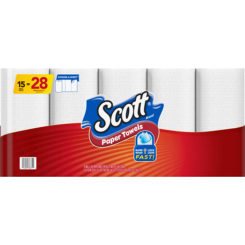 Scott brand disposable paper towels clean messes fast with Rapid Ridges to get the job done. This pack contains 15 Mega rolls, with 102 sheets per roll. When you buy Scott Towels, you get more sheets per dollar vs. the leading brand 55 ct. roll 5.9” sheet size. Use a paper towel to clean up tabletops, food spills, and messy hands for adults and children. Conveniently disposable so you can toss the mess without having to launder. Minimal lint makes Scott towels great for cleaning glass and mirrors. Scott paper towels are sustainably sourced from responsibly managed forests. Quality you can rely on for the value you expect from the Scott brand. Spare the hassle of the store and have them conveniently delivered to you. Buy in bulk and save!