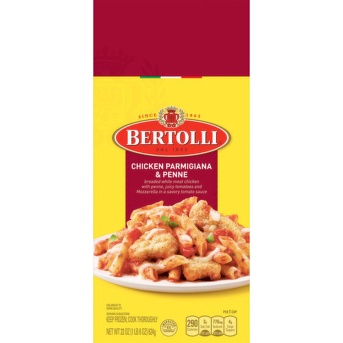 Breaded white meat chicken with penne, juicy tomatoes and mozzarella in a savory tomato sauce. Per 1 Cup: 290 calories; 3 g sat. fat (15% DV); 770 mg sodium (33% DV); 4 g total sugars. Since 1865. Effortlessly crafted with simple ingredients. Made with 100% white meat chicken. Made without preservatives. Rooted in Italian tradition. Inspired by Italy's meatless classic, eggplant Parmesan, Italian Americans turn boneless chicken into an equally appealing home-style dish. Here, we pair tender, golden breaded chicken with penne pasta to capture all the goodness of our tomato sauce. And of course, there's Mozzarella. Italian inspired recipes. Inspected for wholesomeness by US Department of Agriculture. www.bertolli.com. how2recycle.info. Smartlabel: Scan for more food information. Questions or comments, visit us at www.bertolli.com or call Mon-Fri 1-800-418-2302 (except national holidays). Please have entire package available when you call so we may gather information off the package.