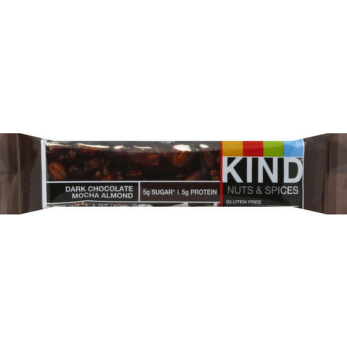 5g sugar (50% less sugar per bar than the average nutrition bar. This bar has 5g sugar; the average nutrition bar has 12g sugar). 5g protein. Do the kind thing for your body, your taste buds & your world. Our nuts & spices bars have to meet a strict standard: 5g of sugar or less. And full of delicious flavor, they seem too good to be true. But made with simple and whole ingredients, they're a snack that only tastes indulgent. Gluten free. Low glycemic index. No sugar alcohols. Dairy free. No genetically engineered ingredients. Very low sodium. 0g trans fat. High in fiber. 15g per bar. Ingredients you can see & pronounce. See nutrition panel for fat content. kindsnack.com. Made in USA with domestic and imported ingredients.