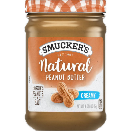 Smucker’s Natural Creamy Peanut Butter gives you that great taste with natural ingredients. Made with peanuts and a dash of salt, this peanut butter is satisfying, yet still delicious. You can pair this creamy peanut butter with one of our Smucker’s fruit spreads, bake it into cookies, or use it as a dip for your favorite veggies. This spread has the classic taste of peanut butter and is gluten free, Non-GMO (Non-GMO Project Verified, and has 8 grams (8% DV) of protein per serving (See nutrition information for fat and saturated fat content). Snack time will be the best time when you pull out a jar of Smucker’s Natural Creamy Peanut Butter.