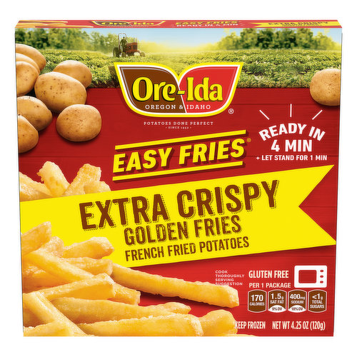 bags of Ore Ida brand frozen french fries in the freezer section