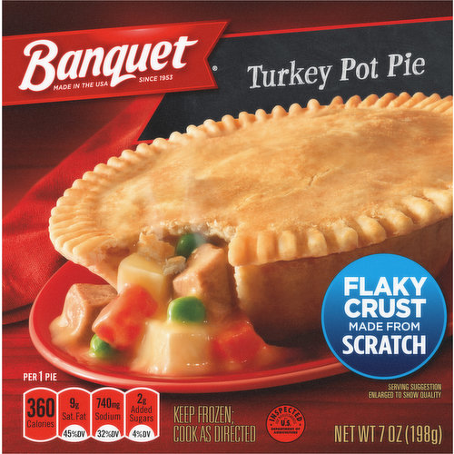A quality quick meal is minutes away with Banquet Pot Pies. Delight in a hot, quick, and easy comfort meal anytime with this savory Turkey Pot Pie. Serve up a piping hot delight filled with tender chunks of turkey and vegetables simmered in a creamy gravy. Savor the flaky, made-from-scratch crust filled with your favorite comfort food flavor. Enjoy homemade flavor from the microwave or oven on a lunch break or for a quick dinner with this traditional-style entree. This box contains one 7-ounce (198g) serving, with 320 calories and 0g trans fat; contains milk, soy, and wheat. Banquet serves up honest, wholesome microwave meals, bringing more value to your table with large portions and quality ingredients.