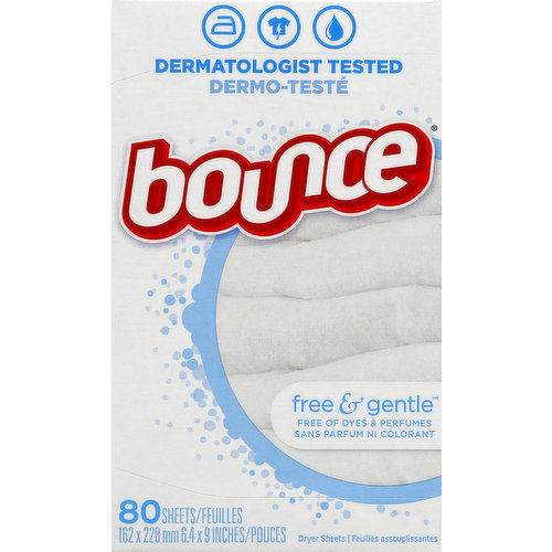 162 x 228 mm (6.4 x 9 inches). Dermatologist tested. Free of dyes & perfumes. Toss away wrinkles & static. Get fresh & soft. bouncefresh.com. bouncefresh.ca. Questions? Information? Call toll-free (in US and Canada): 1-800-5-Bounce (1-800-526-8623). Oh hi there, thanks for doing your part on recycling day. In part because of you, we can continue to make this box from 100% recycled paper (35% post consumer).