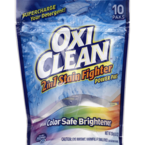 For all machines including HE. Plus color safe brightener. Supercharge your detergent! Keep your clothes looking like new! We've combined our toughest stain fighters with color safe brighteners to keep whites whiter and colors radiant. Throw a pak into every load of laundry! OxiClean 2 in 1 Stain Fighter with Color Safe Brightener: removes your toughest stains; whitens white; brightens colors. Safe for septic tanks. Satisfaction guaranteed! Got a tough stain? Need ingredient information? Call toll free 1-800-781-7529 M-F 9 AM - 5 PM ET or visit our website for more stain tips at www.oxiclean.com. For helpful how-to videos on removing stains visit us at www.youtube.com/oxiclean. Like us on Facebook: www.facebook.com/oxiclean.