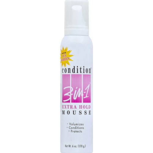 With sun screen. Volumizes. Conditions. Protects. Alcohol-free Condition 3-in-1 Extra Hold Mousse gives your hair more than just strong hold, volume and shine. It also conditions and helps protect hair from frizzies, fly aways and damaged caused by styling stress. Condition's unique 3-in-1 formula, with pro-vitamin B-5 and sunscreen, takes extra care of hair by providing extra hold, gentle conditioning and protection for beautiful full-bodied styles without dulling, flaking or stickiness. Questions or comments? Call 1-800-487-7273. Made in USA.