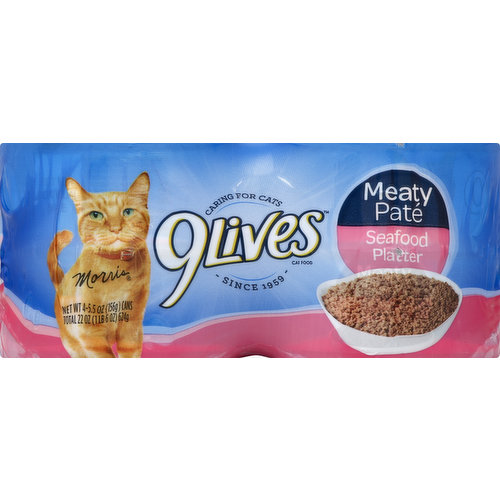 Caring for cats since 1959. Nutritional Statement: 9Lives Meaty Pate Seafood Platter cat food is formulated to meet the nutritional levels established by the AAFCO Cat Food Nutrient Profiles for growth and maintenance. Calorie Content (Calculated): (ME) 1090 kcal/kg, 170 kcal/can. 100% complete nutrition for kittens & adult cats. Comments or Questions: Call 1-888-495-4837 weekdays. Please refer to code No. stamped on the end of the can. Visit us at: www.9Lives.com. Steel - Please recycle.