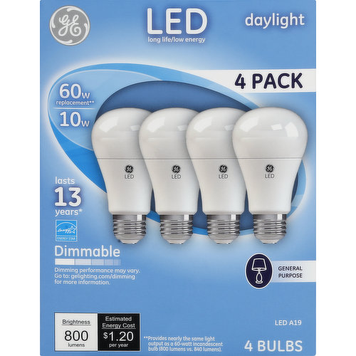 GE Light Bulbs, LED, Daylight, 10 Watts, 4 Pack