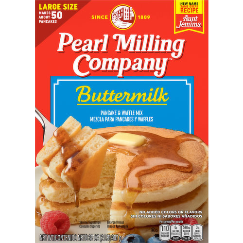 Since 1889. Large size makes about 50 pancakes. New name same great recipe. Aunt Jemima. Stack up the moments. Hi there, we're Pearl Milling Company. We want to thank you for choosing our light and fluffy textured pancake mix and hope you'll enjoy every bite. Our recipe has been perfected for over 130 years, but our commitment will always be the same: To bring families to the table to stack up the delicious moments. So grab a fork, pour on some syrup, and dig in! With love, Pearl Milling Company.
