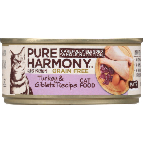 Calorie Content (Calculated): Metabolizable Energy (ME) 1,240 kcal/kg; 193 kcal/can. Pure Harmony Grain Free Turkey & Giblets Recipe Pate Cat Food is formulated to meet the nutritional levels established by the AAFCO cat food nutrient profiles for maintenance.
