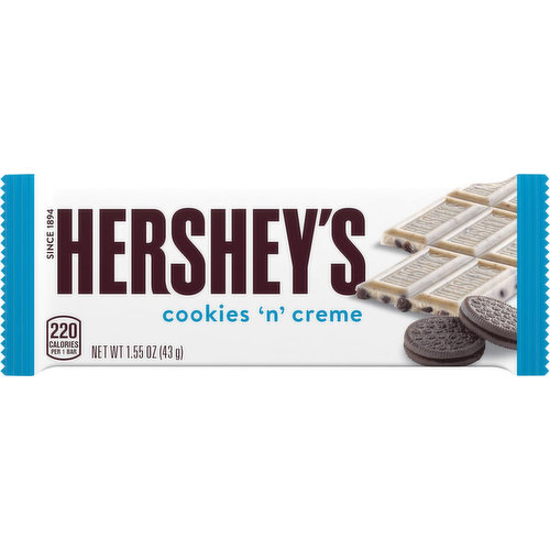 Since 1894. Cookies in every bite. Now more cookies (compared to original 1.55 oz Hershey's Cookies n' Creme Bar).