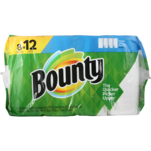 74 2-ply sheets per roll. Total 24 sq. m (266 sq ft). 27.9 cm x 14.9 cm (11 in x 5.9 in). 8 single plus rolls = 12 regular rolls. Select-A-Size. The quicker picker upper (vs. leading ordinary brand). www.BountyTowels.com. www.pg.com. how2recycle.info. Questions? Comments? Call 1-800-9-Bounty. Try Bounty Napkins. Made in the USA from domestic and imported materials.