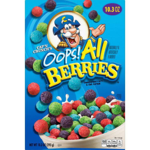 Naturally & artificially flavored. Per 1-1/4 Cup: 150 calories, 0.5 g sat fat (3% DV), 240 mg sodium (11% DV), 17 g total sugars. Name games. Help the Cap’n find the names in the word search. Then match each name to his old friends. (1) Alfie. (2) Carlyle. (3) Bertha. (4) Brunhilde. (5) Dave. (6) Seadog. (7) Beast. (8) Jean Lafoote. (9) Smedley. This package is sold by weight not volume some settling may have occurred during shipping and handling. capncrunch.com. SmartLabel: Scan here for more food information or call 1-800-234-6281. Visit us at www.facebook.com/capncrunch & www.capncrunch.com. We're here to help. capncrunch.com or 800.234.6281. Please have package available when calling. Crunch berries. Peanut butter crunch. Try our fleet of flavors!