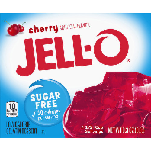 Jell-O Sugar Free Cherry Instant Gelatin Mix packs all the flavor without the sugar into a convenient mix for quick, easy preparation. Delicious cherry flavor makes this sugar free gelatin a refreshing treat perfect for everyday snacking or special occasions. This cherry flavored gelatin is fat free per serving and also a low-calorie option at 10 calories per serving. Whether you serve it as a gelatin dessert with whipped cream topping or add chunks of fruit to make a fruit dessert, you can feel good about sharing with your family. Simply mix the cherry gelatin powder with boiling water, add cold water, and refrigerate to set. Each 0.3 ounce box of instant cherry gelatin mix makes four 1/2 cup servings.