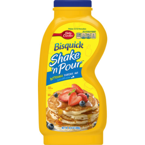 Per 1/2 Cup Mix as Packaged: 230 calories; 1.5 g sat fat (7% DV); 480 mg sodium (21% DV); 10 g total sugars.  Contains bioengineered food ingredients. Learn more at Ask.GeneralMills.com. Make 12-15 pancakes. Just add water.  www.Bisquick.com. Comments? Save bottle and call 1-800-345-2443, www.Bisquick.com.