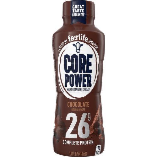 Natural flavors. 170 calories per bottle. 26 g complete protein. Lactose free. Gluten free. Fueled by Fairlife protein. What makes Core Power so unique is pure, fresh Fairlife ultra-filtered milk. With 26 g high quality complete protein and all 9 essential amino acids, Core Power helps build lean muscle and supports healthy recovery. Sealed for your protection. Great taste guarantee (for more information: corepower.com/great-taste). Homogenized & Grade A. corepower.com. Consumer Information: 800-643-8151. corepower.com. Recycle me.