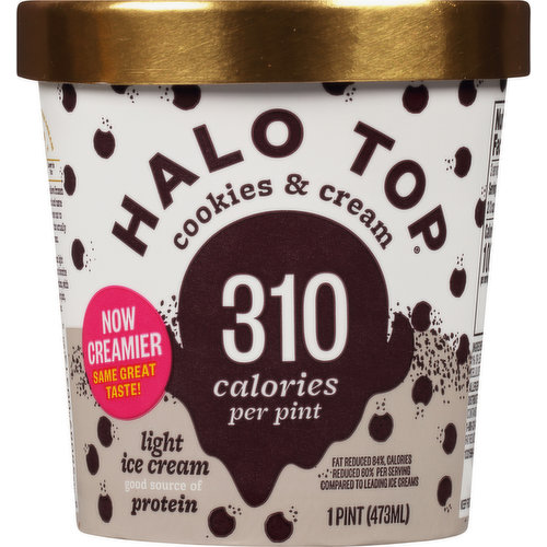 Now creamier same great taste! Delicious light ice cream. Here at Halo Top, we believe frozen treats should feel good and taste good. That's why we set out to make a light ice cream that actually tastes like ice cream. Our Cookies & Cream light ice cream delivers your favorite flavors mixed to perfection, with only 310 calories per pint, and 100% flavor. Fat reduced 84% from 13 g to 12 g and calories reduced 60% from 250 to 100 per serving compared to leading ice creams.