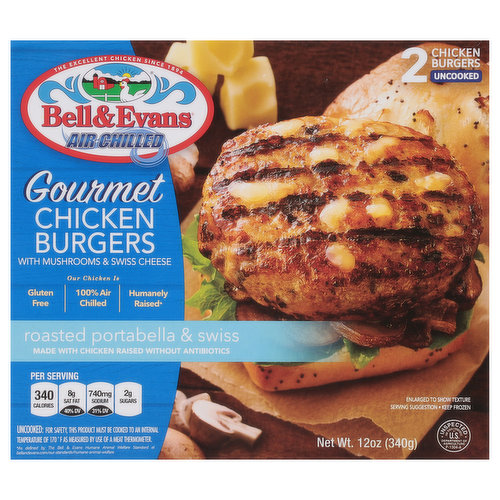 Bell & Evans Chicken Burgers, Roasted Portabella & Swiss, Gourmet, Air Chilled