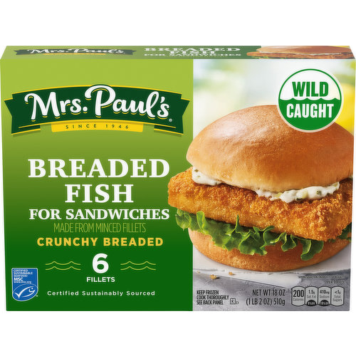 Since 1946. Crunchy breaded. Good for you. Good for the environment. 2x - USDA recommends eating seafood 2 times per week. Omega 3: Natural source of Omega 3s (All seafood is a natural source of omefa-3s rom an MSC certified sustainable fishery. www.msc.org). We have full traceability of all our fish. Wild caught. MSC: Certified sustainable seafood. msc.org. 100% of Our fish is certified by third parties for sustainability. Certified sustainably sourced. Wild Caught: 100% of Our fish is wild caught.